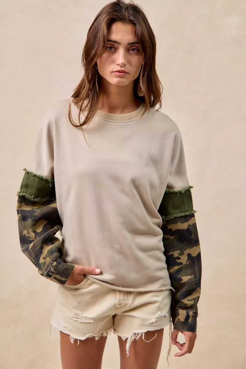 BiBi Camo Sleeve French Terry Top with Frayed Edge on Simply Obsessed