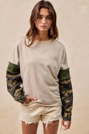 BiBi Camo Sleeve French Terry Top with Frayed Edge on Simply Obsessed