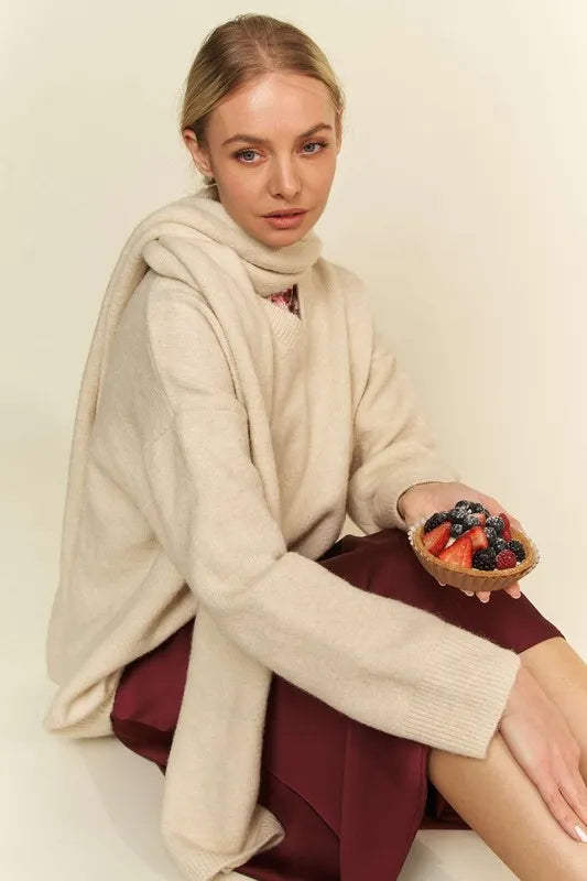 DAVI & DANI V-Neck Dropped Shoulder Sweater with Scarf **FALL DEBUT SALE** on Simply Obsessed