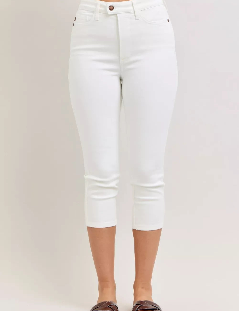 JUDY BLUE High Waist Extended Waistband Capri Pants with Spade Pockets on Simply Obsessed