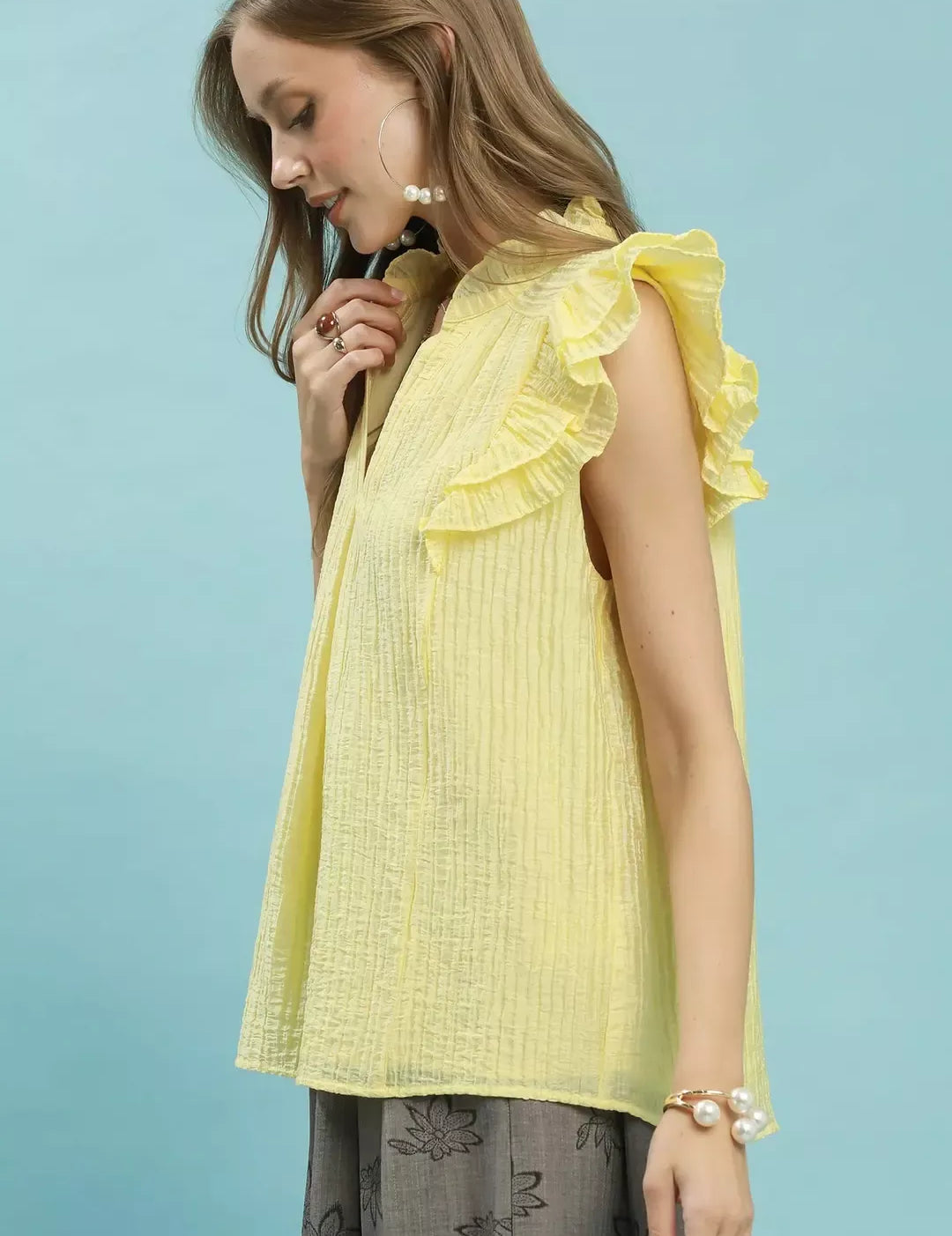 UMGEE Textured Ruffle Sleeve Split V Neck Top on Simply Obsessed