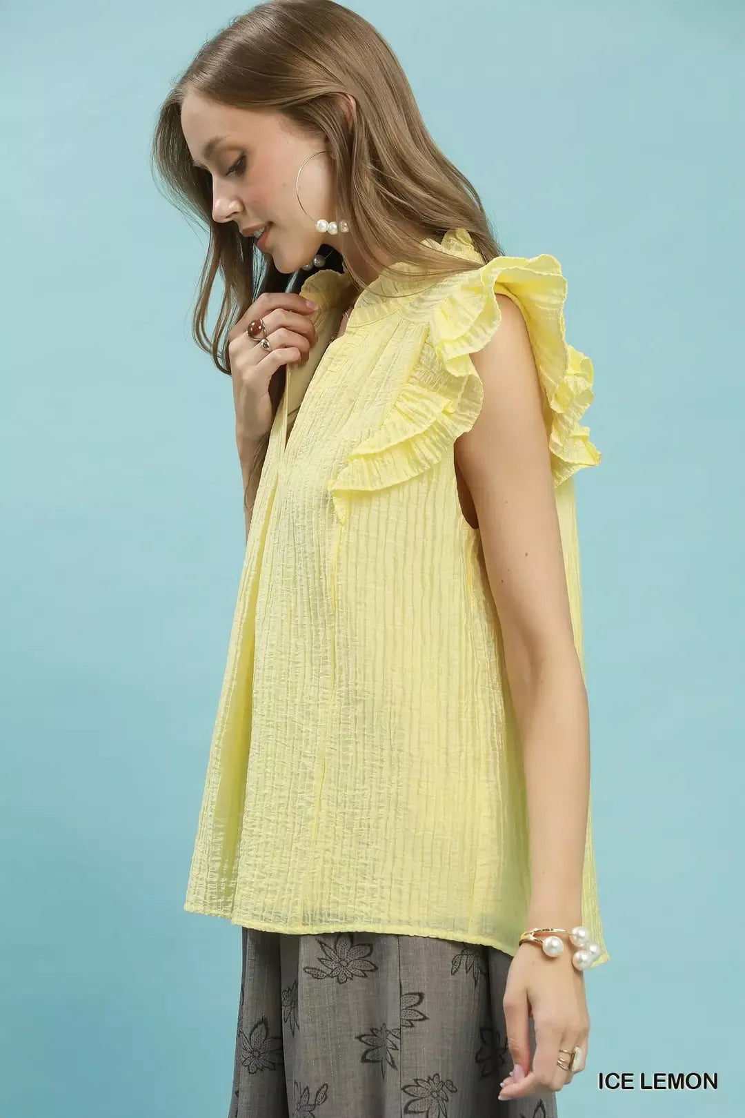 UMGEE Textured Ruffle Sleeve Split V Neck Top on Simply Obsessed