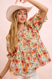 BIBI Flower Printed Shirring Detail Blouse Top on Simply Obsessed