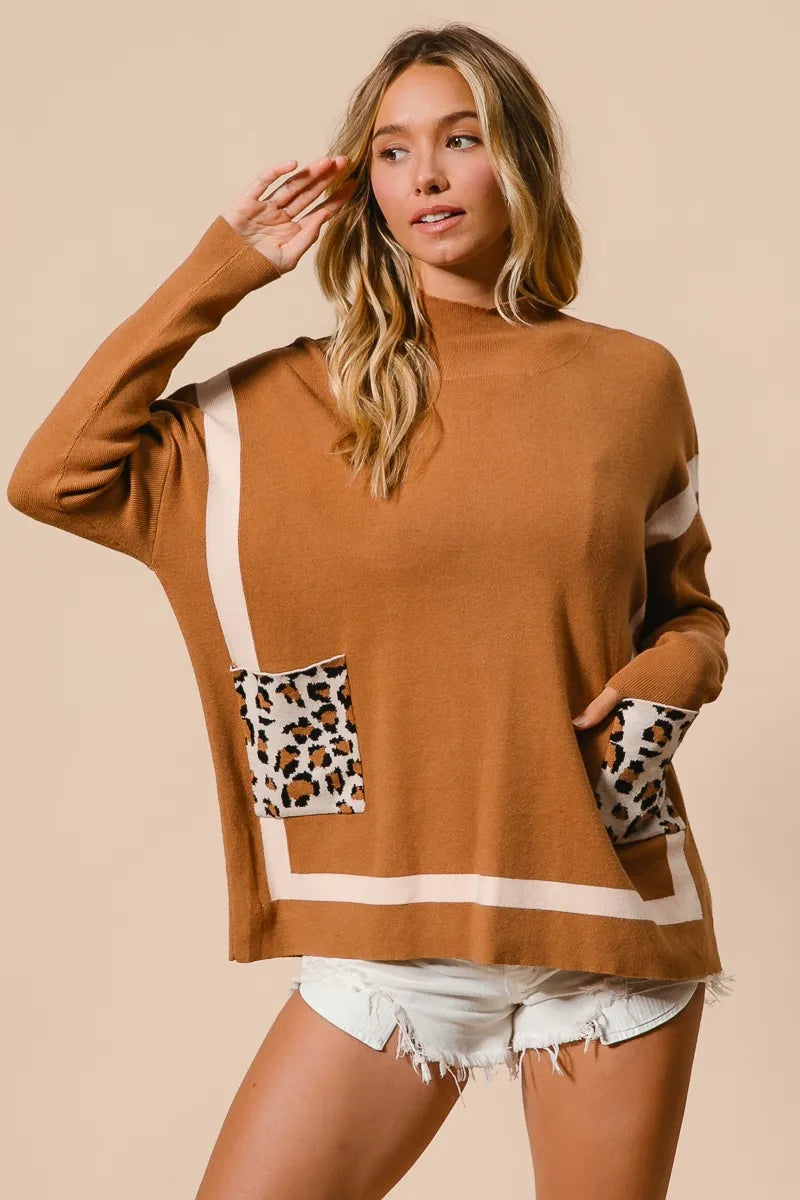 BiBi Mock Neck Sweater with Leopard Pocket on Simply Obsessed