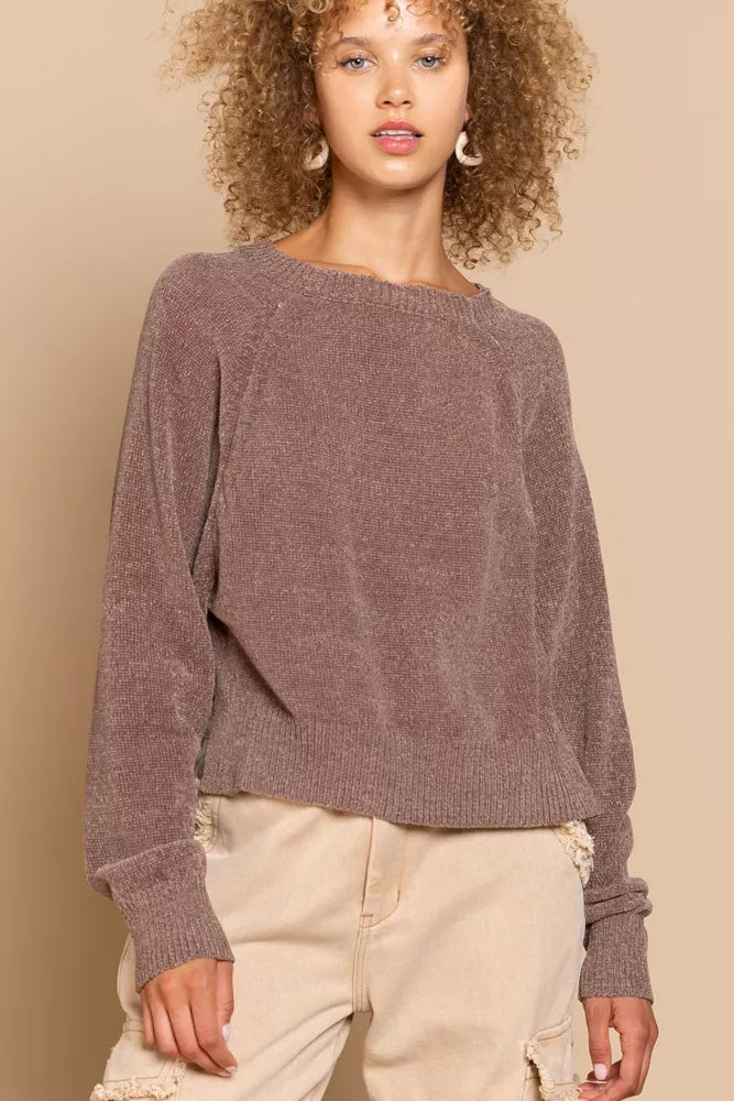 POL Round Neck Backless Sweater with Ribbed Edge on Simply Obsessed