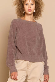 POL Round Neck Backless Sweater with Ribbed Edge on Simply Obsessed