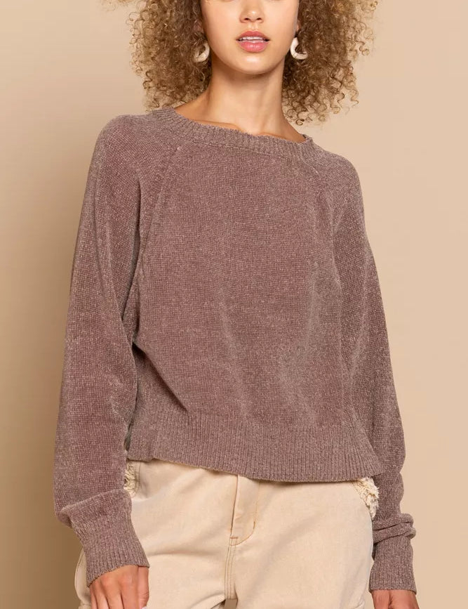 POL Round Neck Backless Sweater with Ribbed Edge on Simply Obsessed