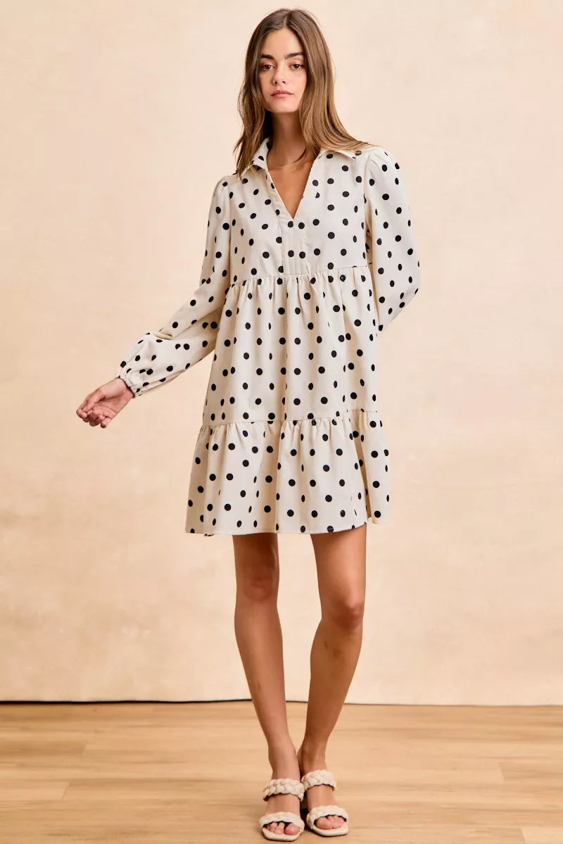 BIBI Polka Dot Corduroy Collared V Neck Dress on Simply Obsessed
