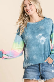 BiBi Tie Dye French Terry Top With Contrast Tie Dye on Simply Obsessed