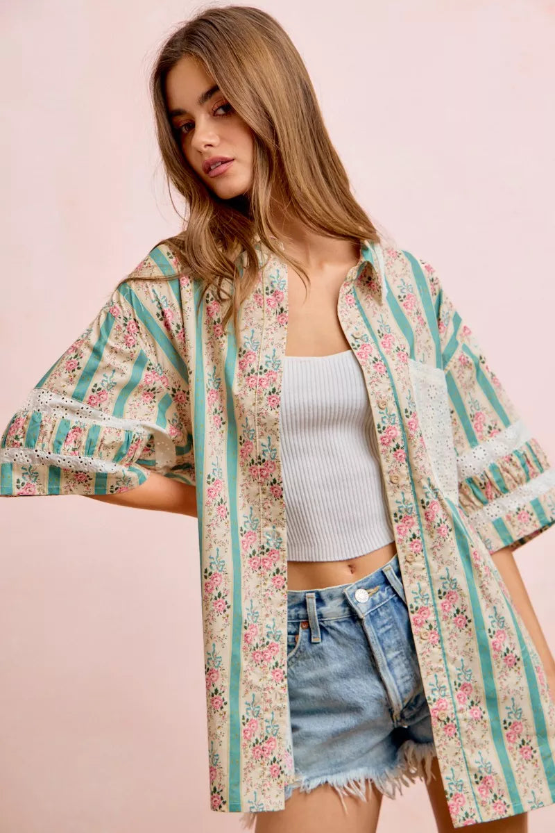 BIBI Eyelet Lace And Floral Mix And Match Shirt Top on Simply Obsessed