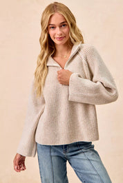 BiBi Two Tone Rib Texured Knit Collared Top with Zip Up on Simply Obsessed