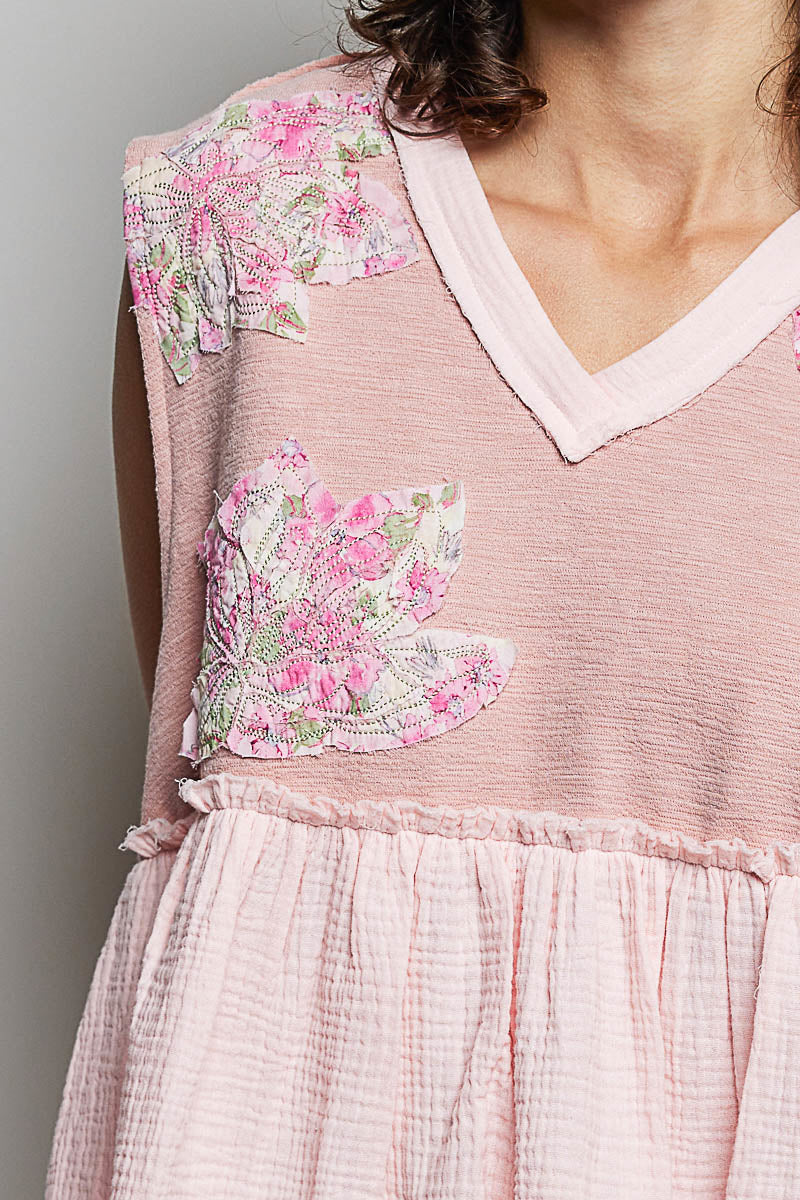 POL Floral Patch Ruffled Sleeveless Top with Raw Edge Detail on Simply Obsessed