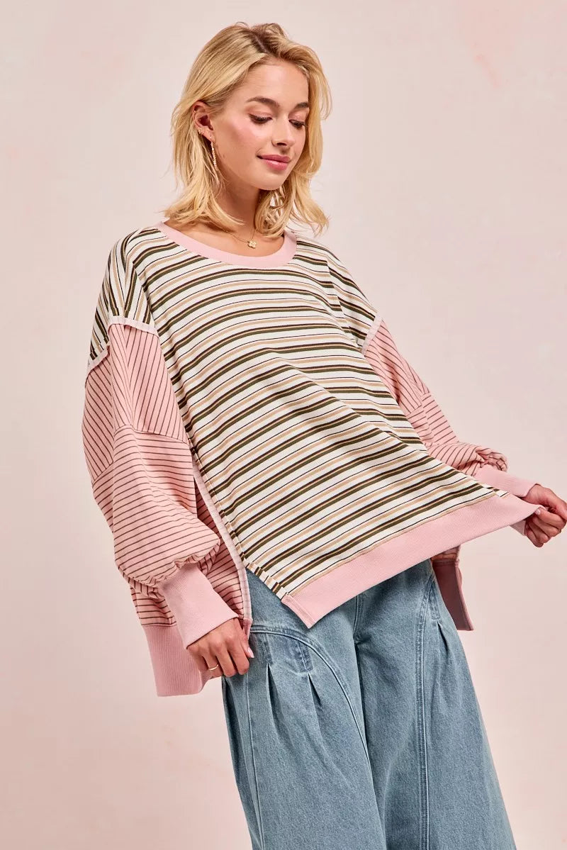 BIBI Stripe Mixed Top With Cut Edge And Reverse Outseam on Simply Obsessed