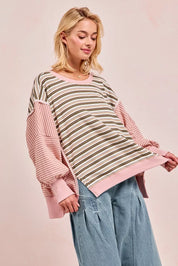 BIBI Stripe Mixed Top With Cut Edge And Reverse Outseam on Simply Obsessed