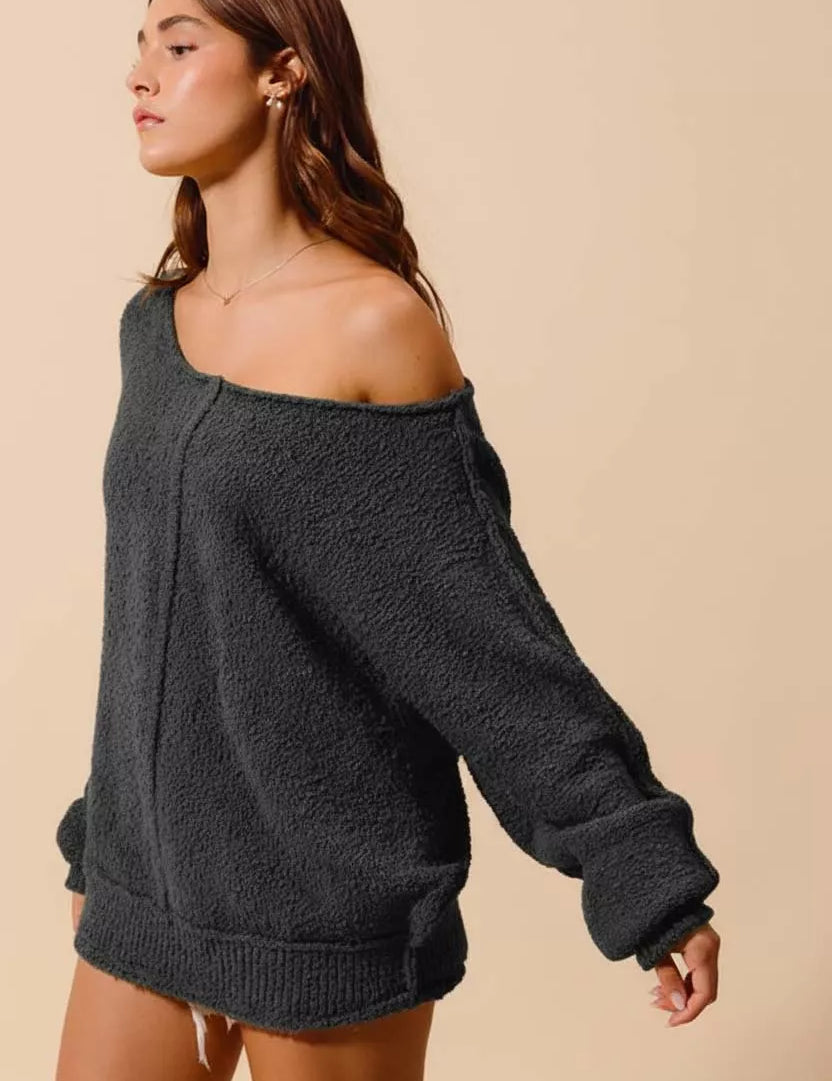 SO ME Loose Fit Exposed Seam Slouchy Boucle Sweater on Simply Obsessed