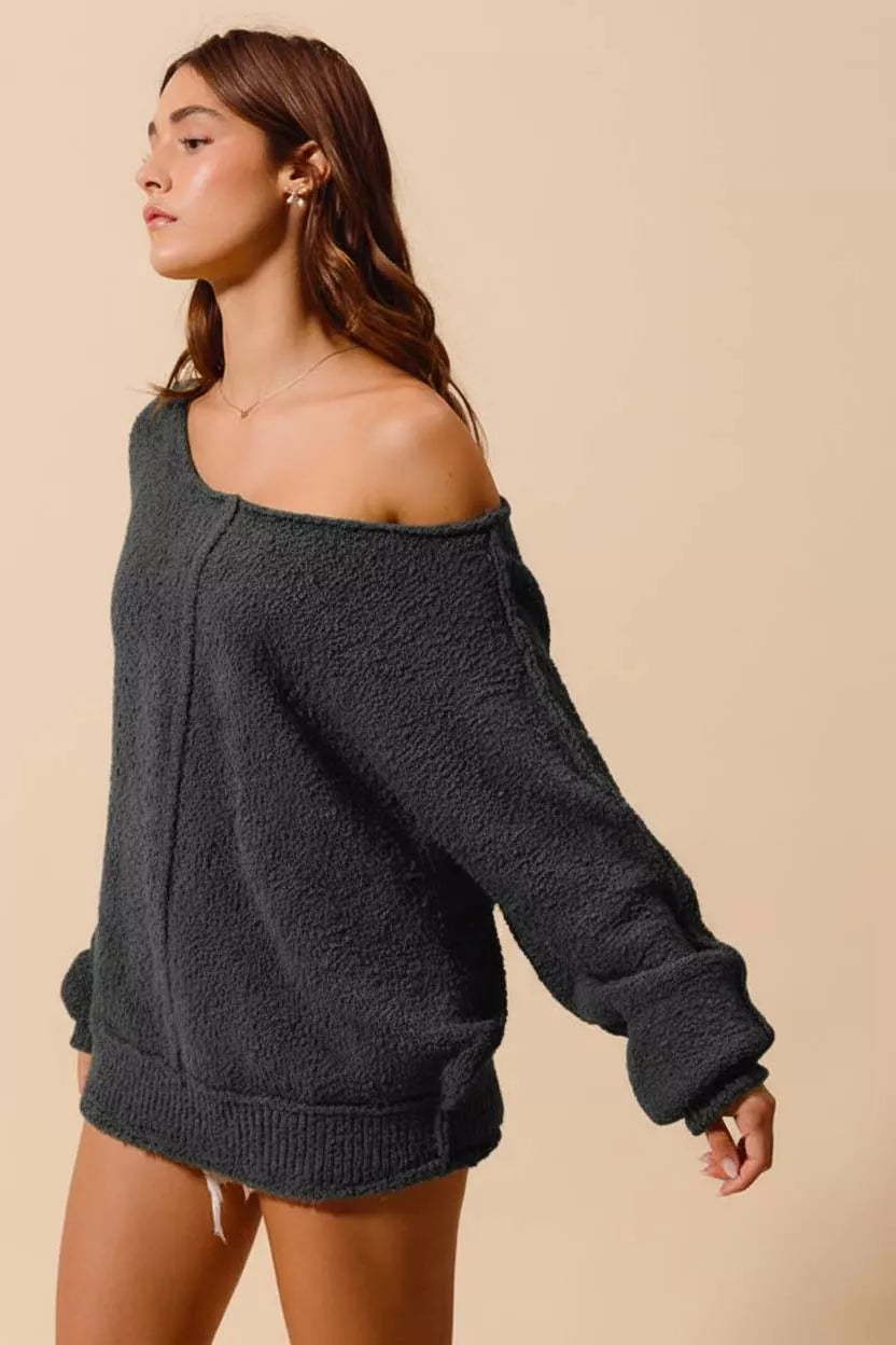 SO ME Loose Fit Exposed Seam Slouchy Boucle Sweater on Simply Obsessed