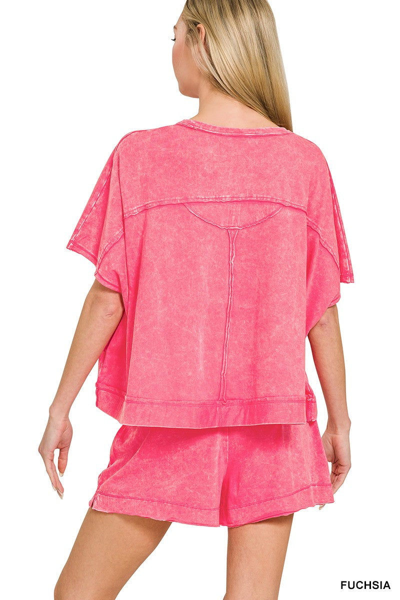ZENANA Acid Washed Oversized Top & Shorts Set on Simply Obsessed