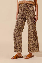SO ME Mid Rise Leopard Twill Frayed Hem Wide Leg Pants on Simply Obsessed
