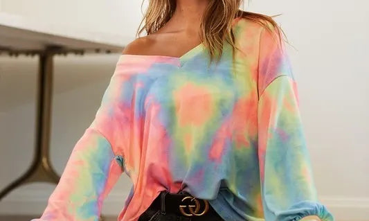 BiBi Tie Dye French Terry V Neck Top on Simply Obsessed