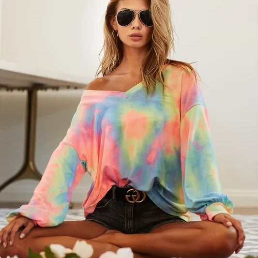BiBi Tie Dye French Terry V Neck Top on Simply Obsessed