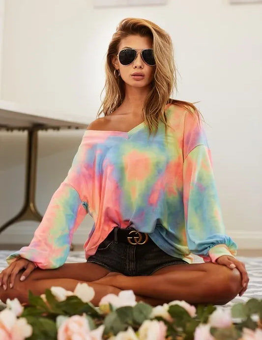 BiBi Tie Dye French Terry V Neck Top on Simply Obsessed
