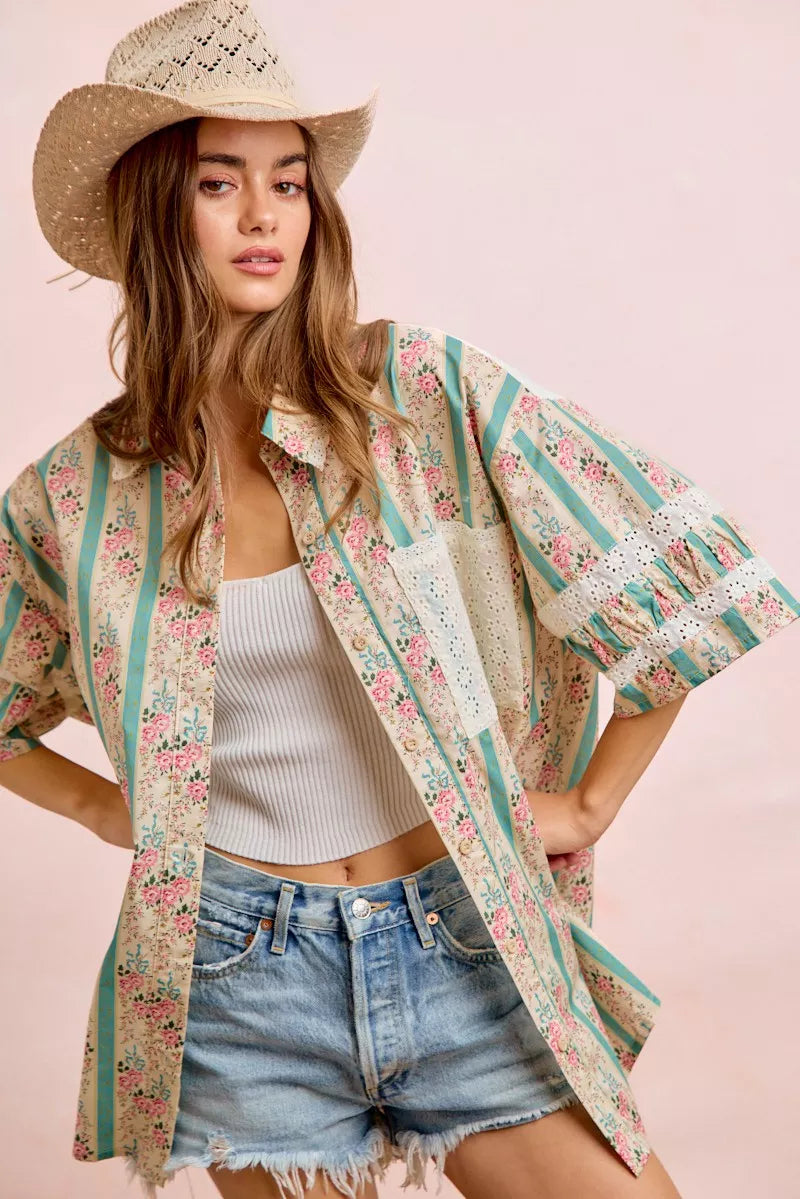 BIBI Eyelet Lace And Floral Mix And Match Shirt Top on Simply Obsessed