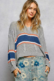POL V-Neck Striped Pattern Cropped Knit Top with Cable Knit Detail on Simply Obsessed
