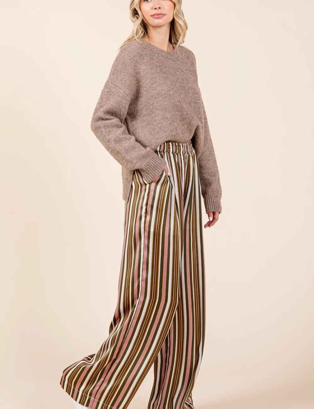 MITTOSHOP Striped Satin Elastic Waist Wide Leg Pants **FALL DEBUT SALE** on Simply Obsessed