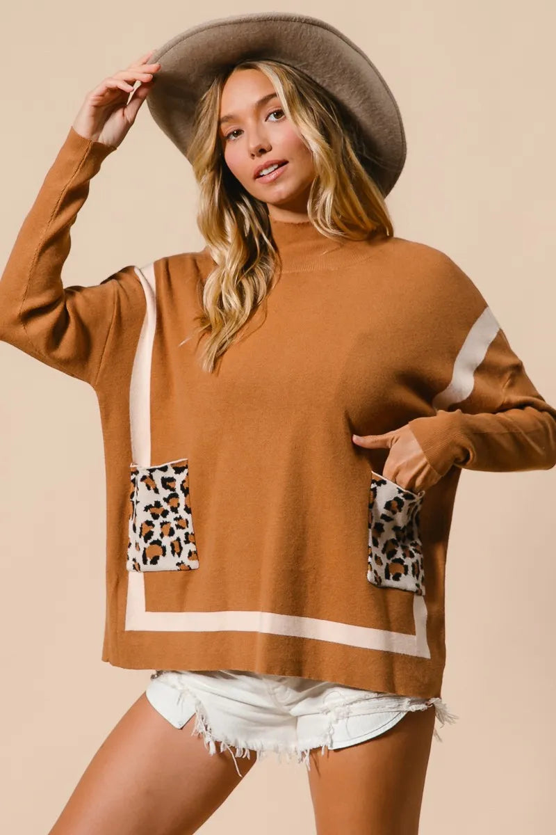 BiBi Mock Neck Sweater with Leopard Pocket on Simply Obsessed