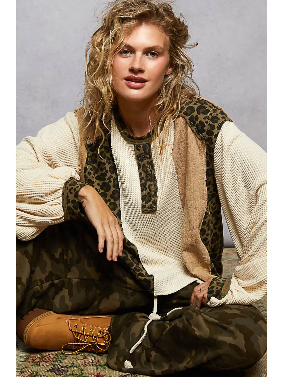 POL Round Neck Thermal Printed Contrast Knit Top-CREAM/OLIVE on Simply Obsessed