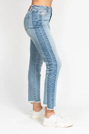JUDY BLUE Full Size Vintage Wash Side Panel Detail with Fray Hem Slim Plus Size on Simply Obsessed