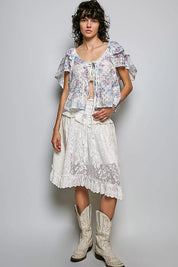 POL Lace Detail Floral Tie Front Ruffle Short Sleeve Blouse on Simply Obsessed