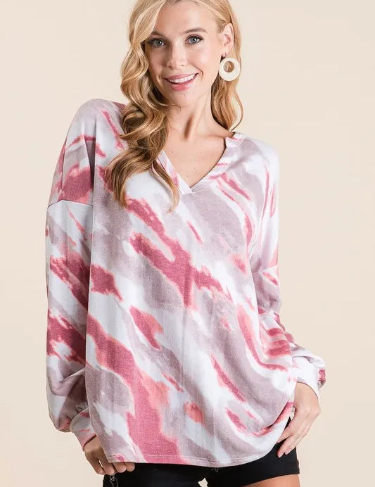 BIBI Tie Dye French Terry Top with Balloon Sleeves ****DOORBUSTER*** on Simply Obsessed