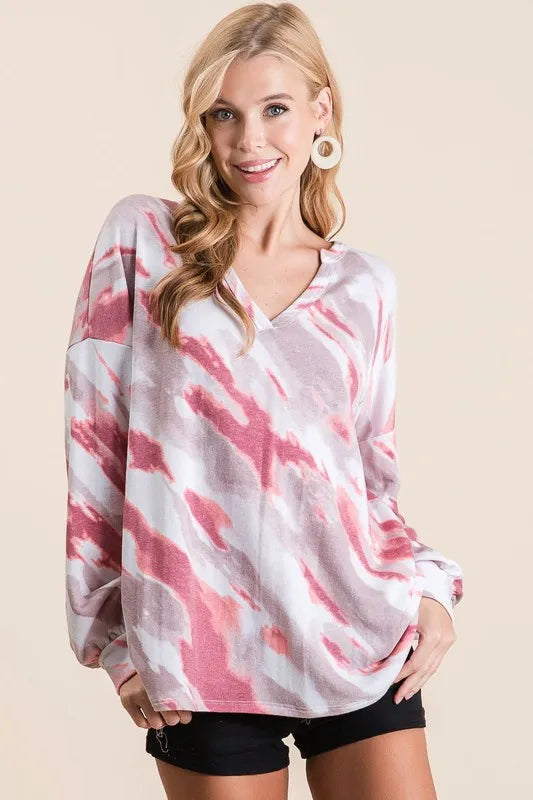 BIBI Tie Dye French Terry Top with Balloon Sleeves ****DOORBUSTER*** on Simply Obsessed