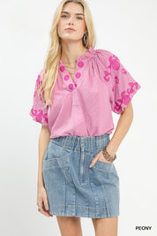 UMGEE Embroidered Textured Flutter Sleeve Top **DEBUT SALE** on Simply Obsessed