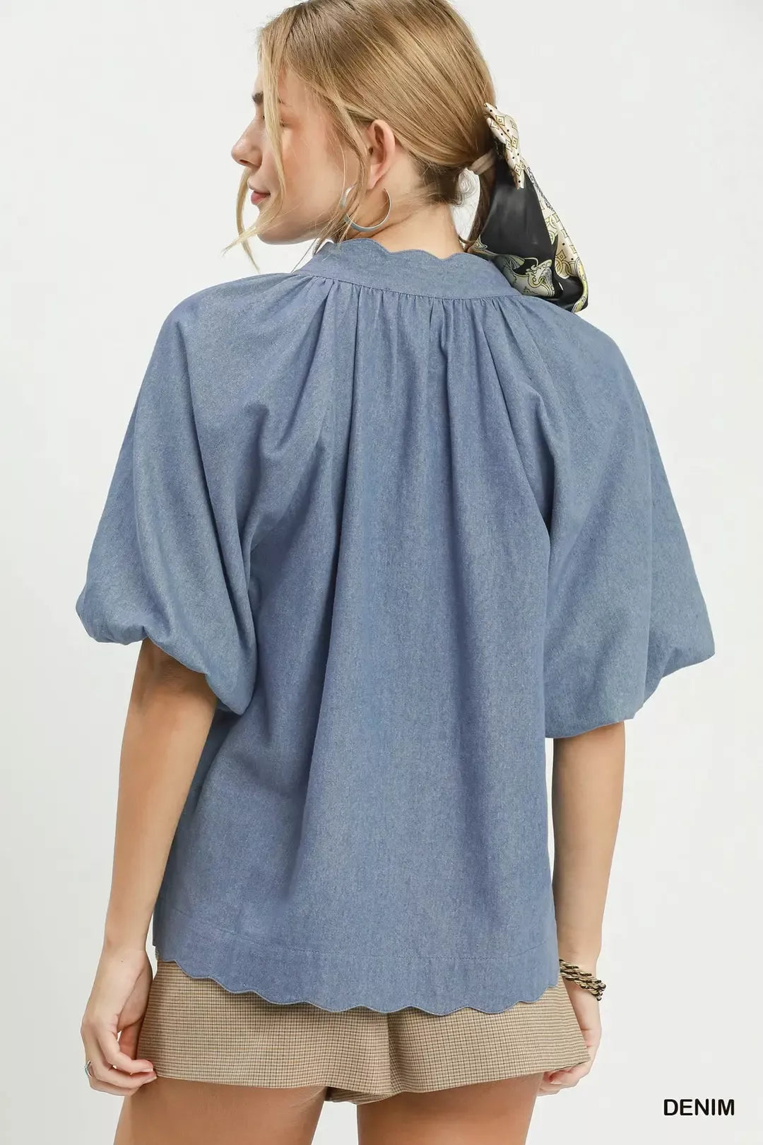 UMGEE Chambray Scallop Hem Puff Sleeve Top on Simply Obsessed