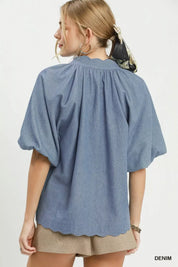 UMGEE Chambray Scallop Hem Puff Sleeve Top on Simply Obsessed