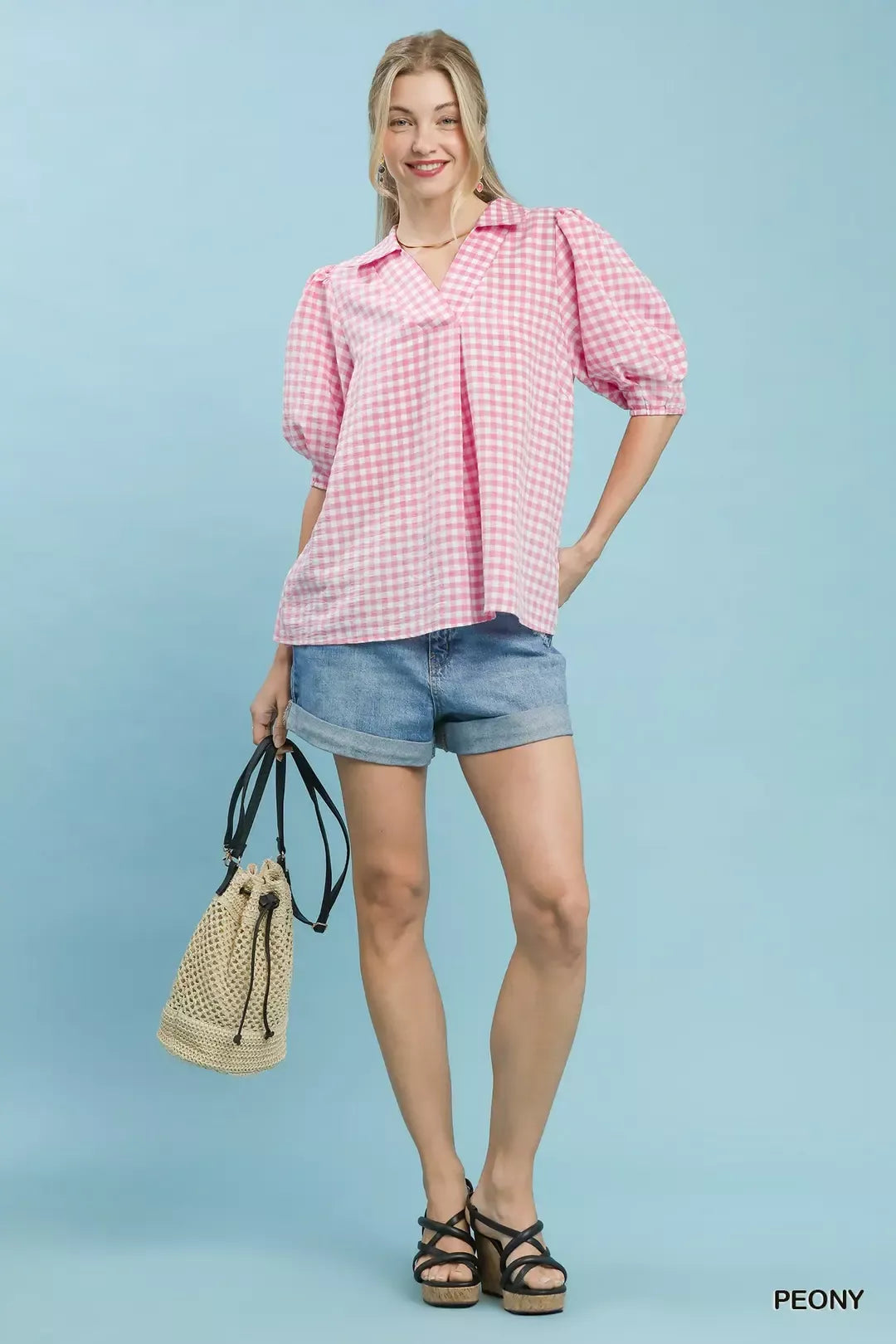 UMGEE Gingham Puff Sleeve Collared Blouse on Simply Obsessed