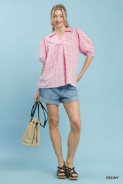 UMGEE Gingham Puff Sleeve Collared Blouse on Simply Obsessed