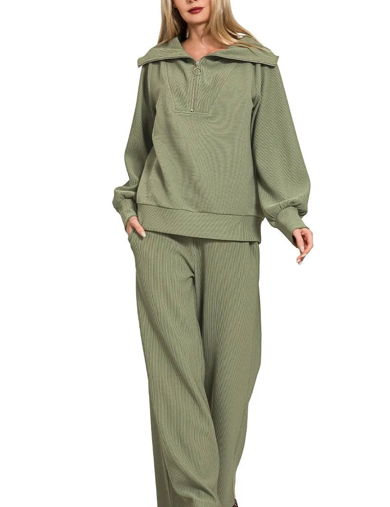 Zenana Ribbed High Neck Half Zip Pullover & Pants Set on Simply Obsessed