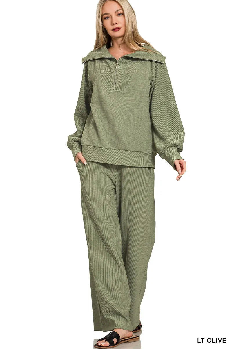 Zenana Ribbed High Neck Half Zip Pullover & Pants Set on Simply Obsessed
