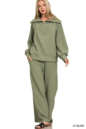 Zenana Ribbed High Neck Half Zip Pullover & Pants Set on Simply Obsessed