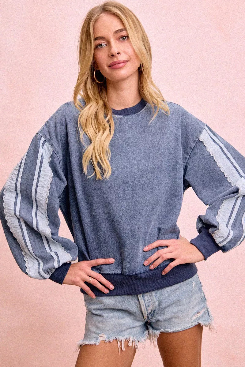 BIBI Washed Denim Lace Contrast Sided Sweatshirt **FALL DEBUT SALE** on Simply Obsessed