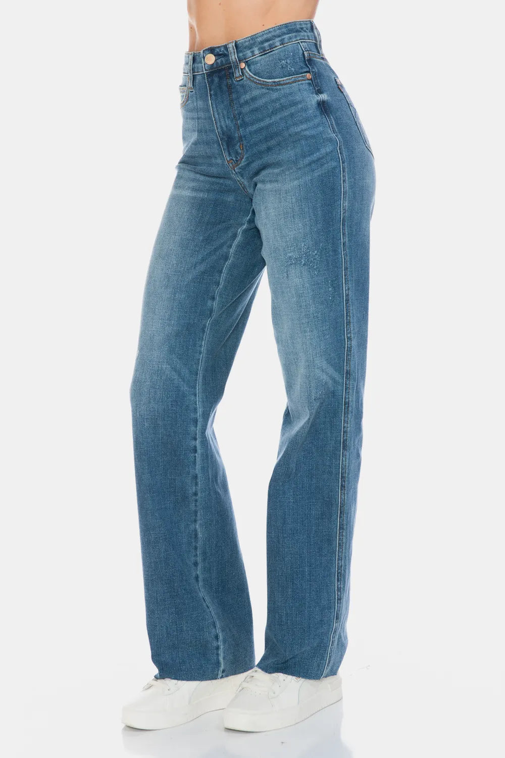 JUDY BLUE Full Size Tummy Control Cut Raw Hem Straight Jeans on Simply Obsessed