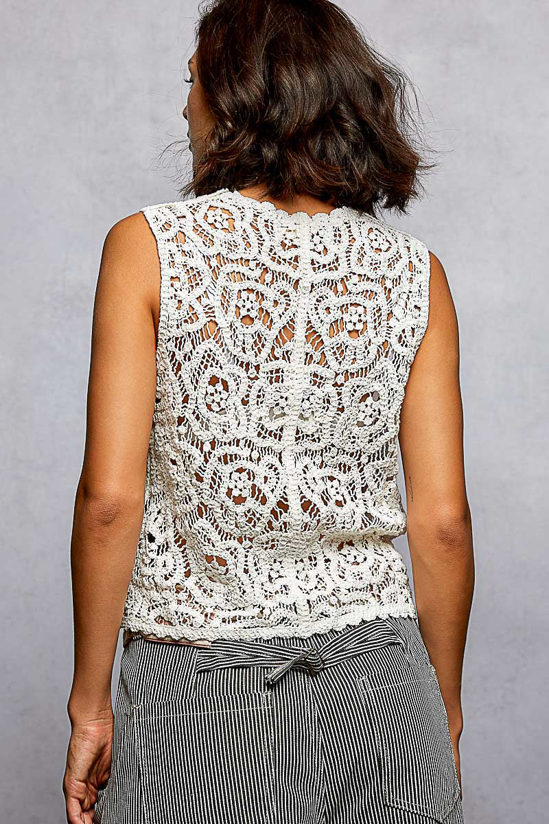 POL Button Down Cropped Crochet Vest with Scalloped Edge on Simply Obsessed