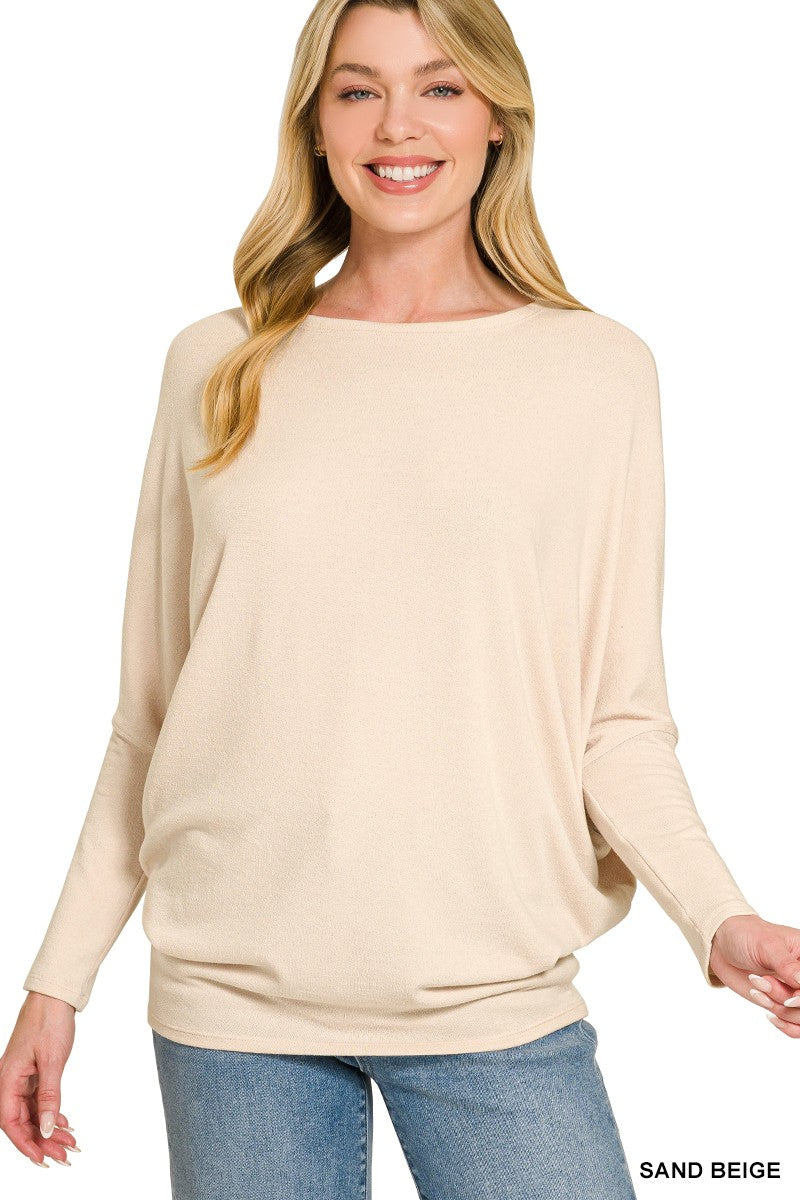 ZENANA Hacci Dolman Sleeve Boat Neck Top on Simply Obsessed