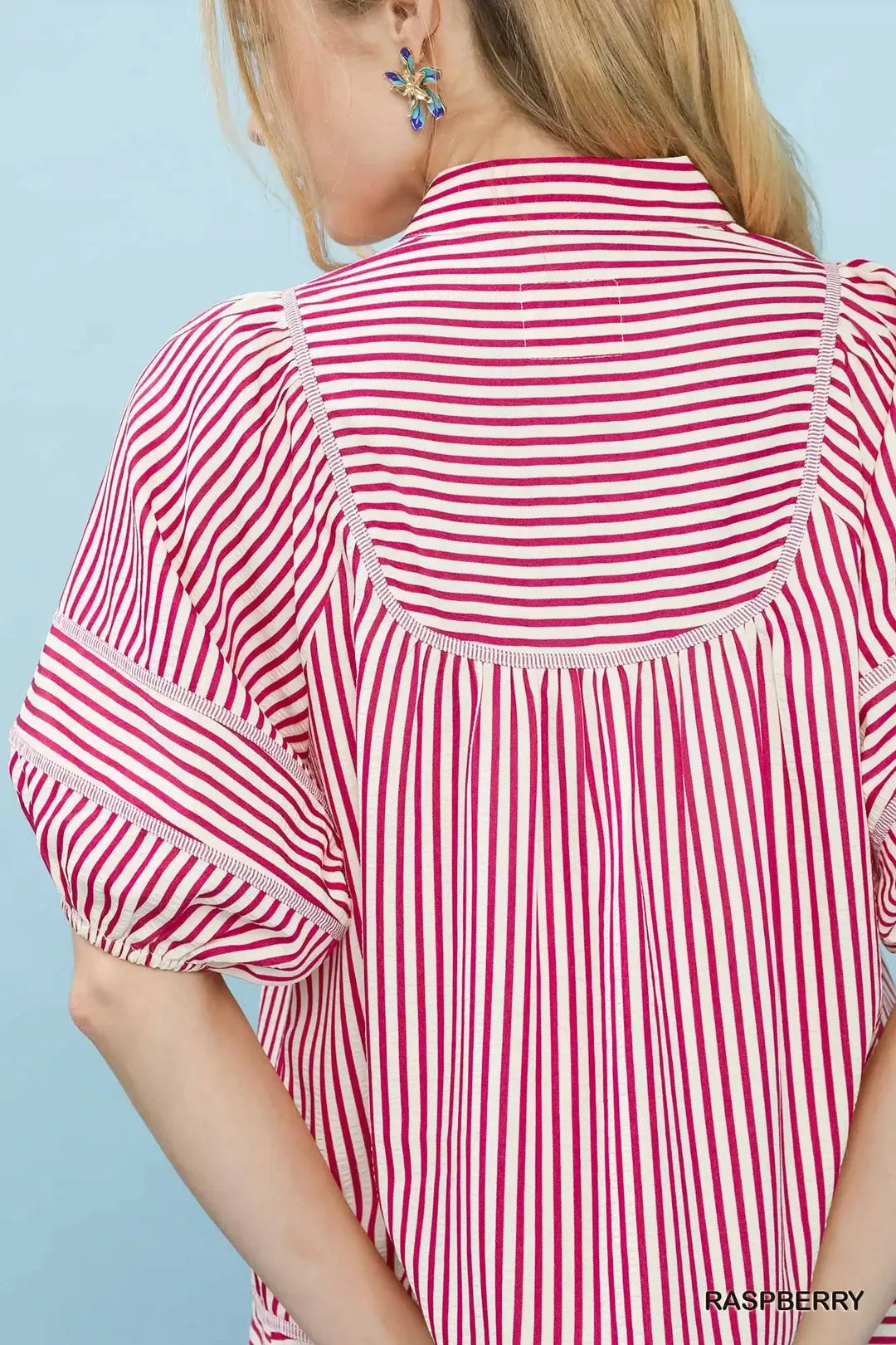 UMGEE Striped Puff Sleeve Babydoll Top on Simply Obsessed