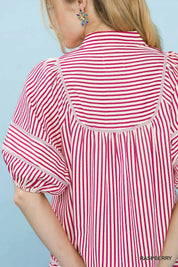 UMGEE Striped Puff Sleeve Babydoll Top on Simply Obsessed