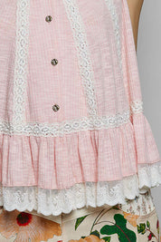 POL Lace Trim Ruffle Hem Button Detail Round Neck Sleeveless Top on Simply Obsessed