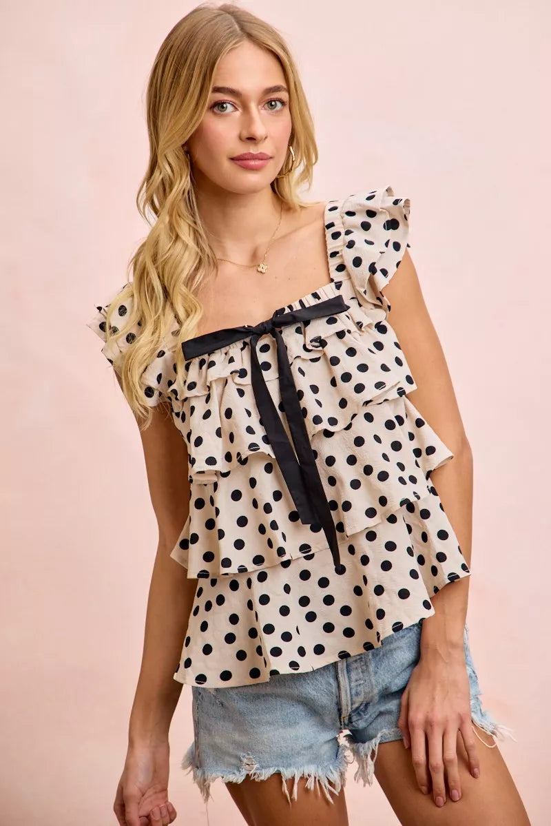 BIBI Polka Dot Ruffled Bow Tied Square Neck Sleeveless Top on Simply Obsessed